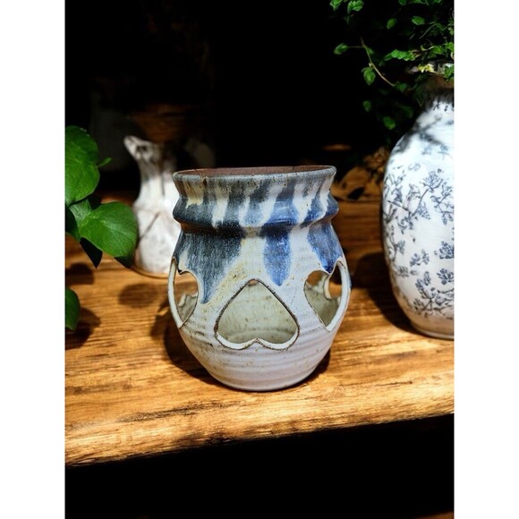 Vintage Stoneware studio Art Pottery Reticulated Candle Holder Signed Heart - Picture 5 of 7